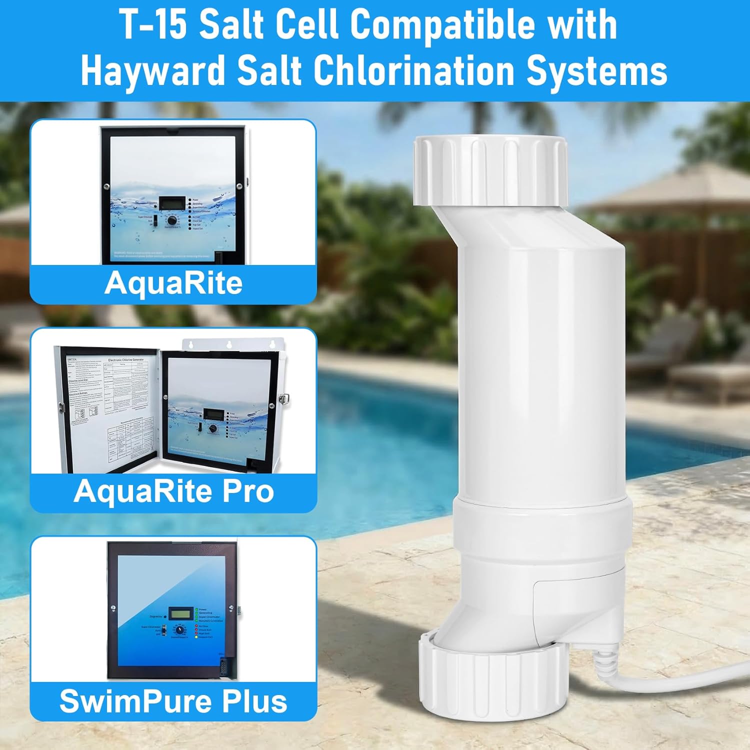 T-15 Salt Cell Compatible with Hayward Turbo AquaRite, AquaRite Pro & SwimPure Plus Chlorinator System, W3T-CELL-15 Cell Suitable for Inground Swimming Pool Up to 40000 Gallons