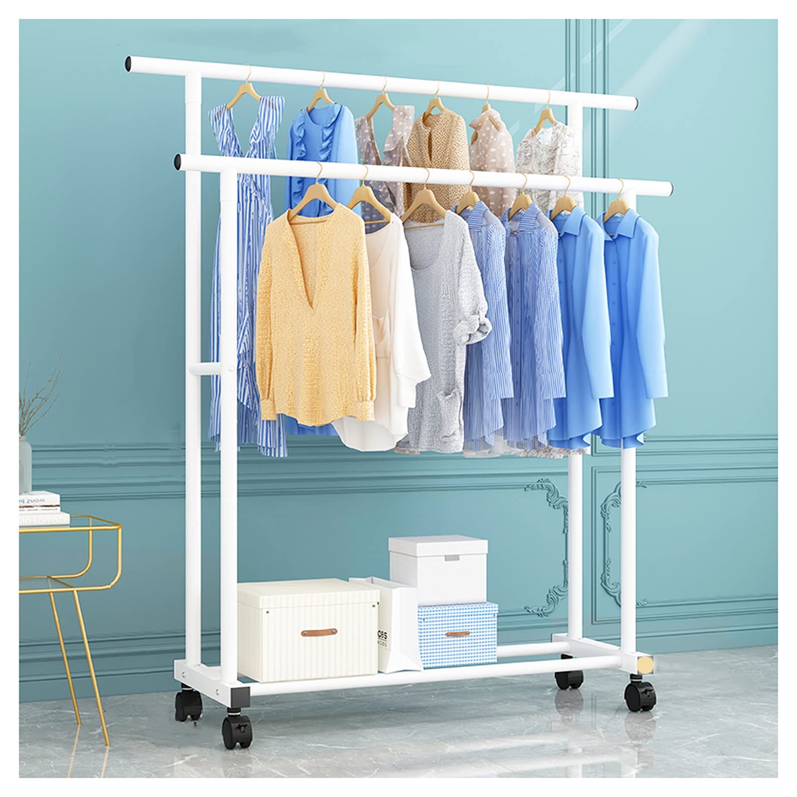 Portant à vêtements double contre le manque de place avec étagère inférieure