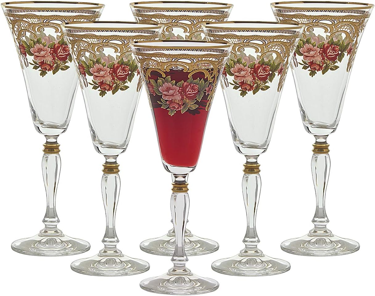 ALY-080-GL Set of 6 Handcrafted Luxurious Bohemian-Crystal Glasses, Hand-painted 24K Gold/Floral Detailing, for White, Red, Sparkling Wine, 100% Lead-Free, 9" Tall, 12 oz Capacity