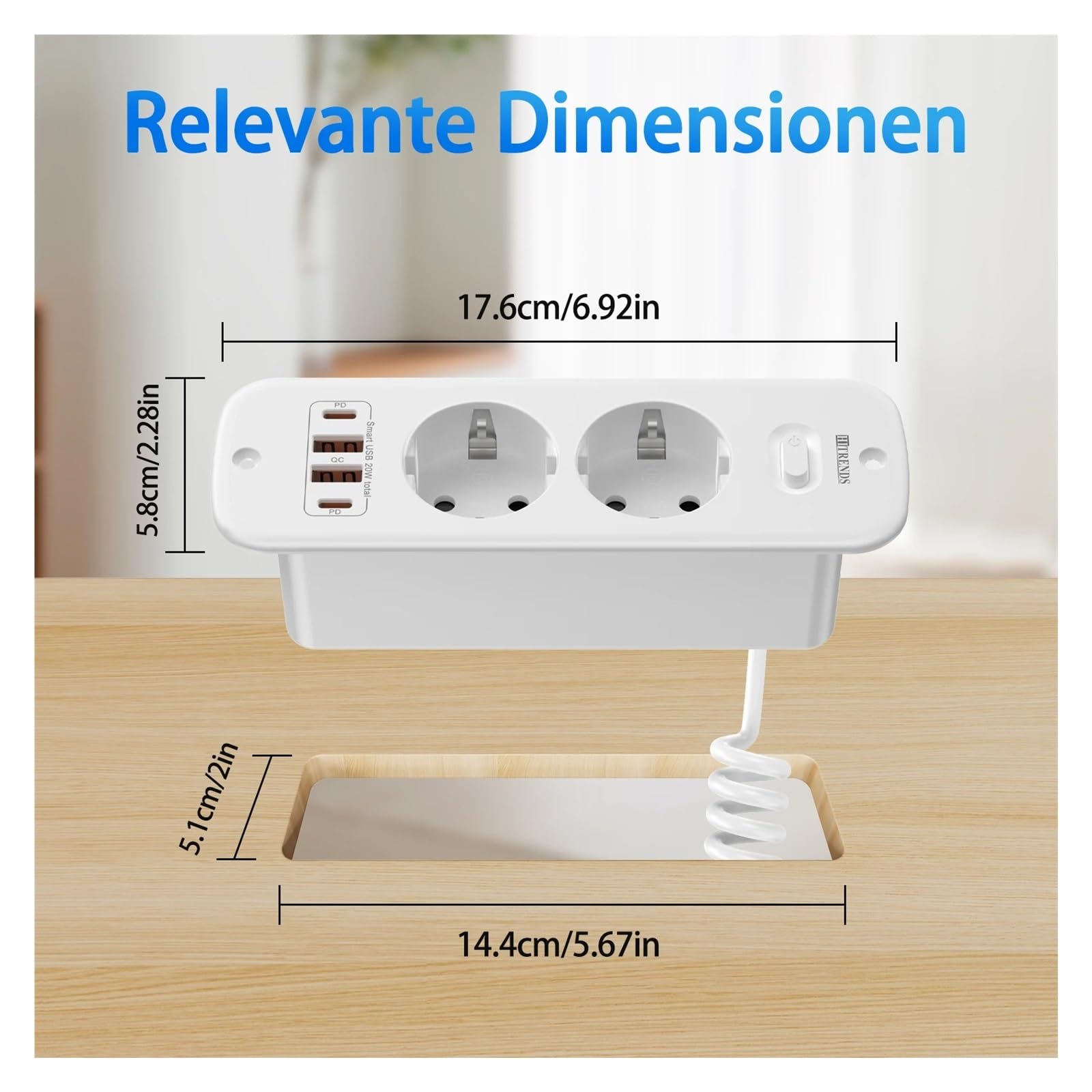 Carte d'alimentation intégrée à double prise ue, avec Port de charge rapide intelligent 2USB-A et 2USB-C PD20W, câble d'extension en spirale de 2 mètres(EU_110-250V_WHITE)