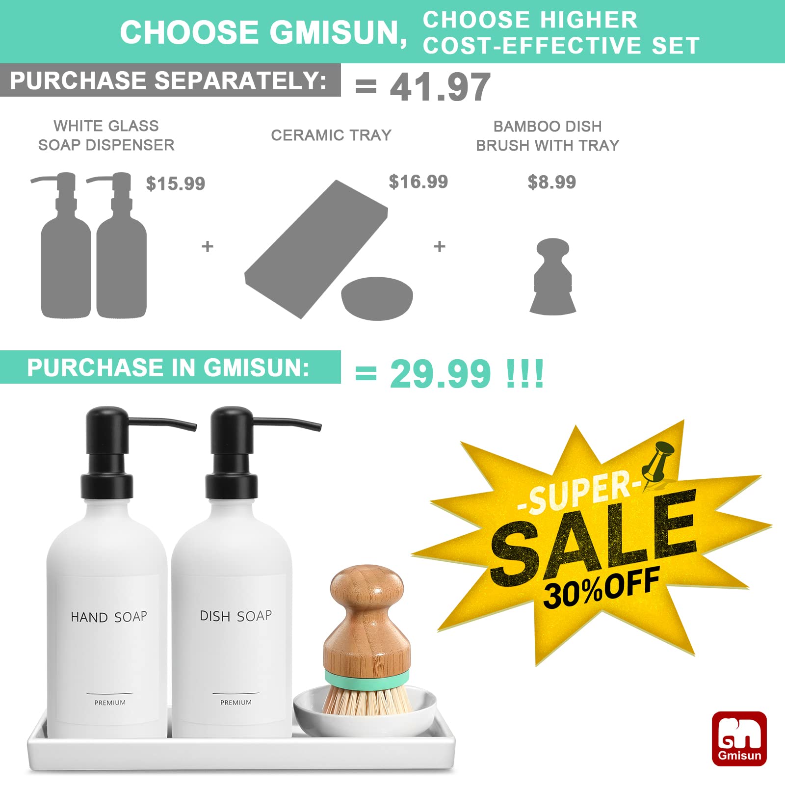 GMISUN Kitchen Soap Dispenser Set, 16 Oz Hand and Dish Soap Dispenser Set with Ceramic Tray & Bamboo Dish Brush, 2 Pack White Glass Liquid Pump Bottle, Modern Farmhouse Refillable Dish Soap Dispenser