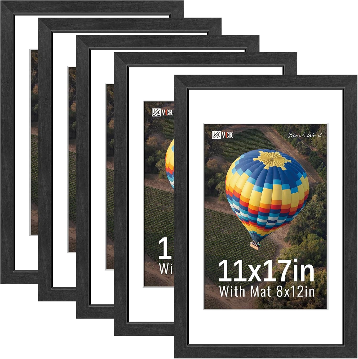VCK 11x17 Picture Frames Black Set of 5, Wide Border Wood, Tempered Glass, Display 8x12 Photo with Mat or 11 x 17 without, for Home, Office, Gallery, Woodgrain Series, Wall Hanging