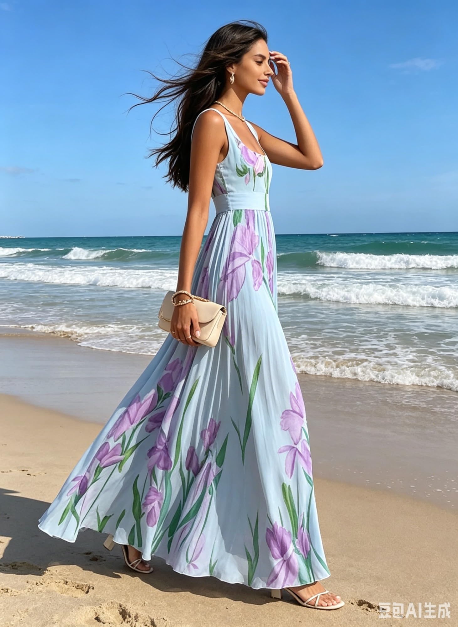 Generale Vestito Lungo Fluido in Chiffon Floreale Senza Maniche, Vita Impero, Abito da Sera Formale Elegante Donna ospite Nozze