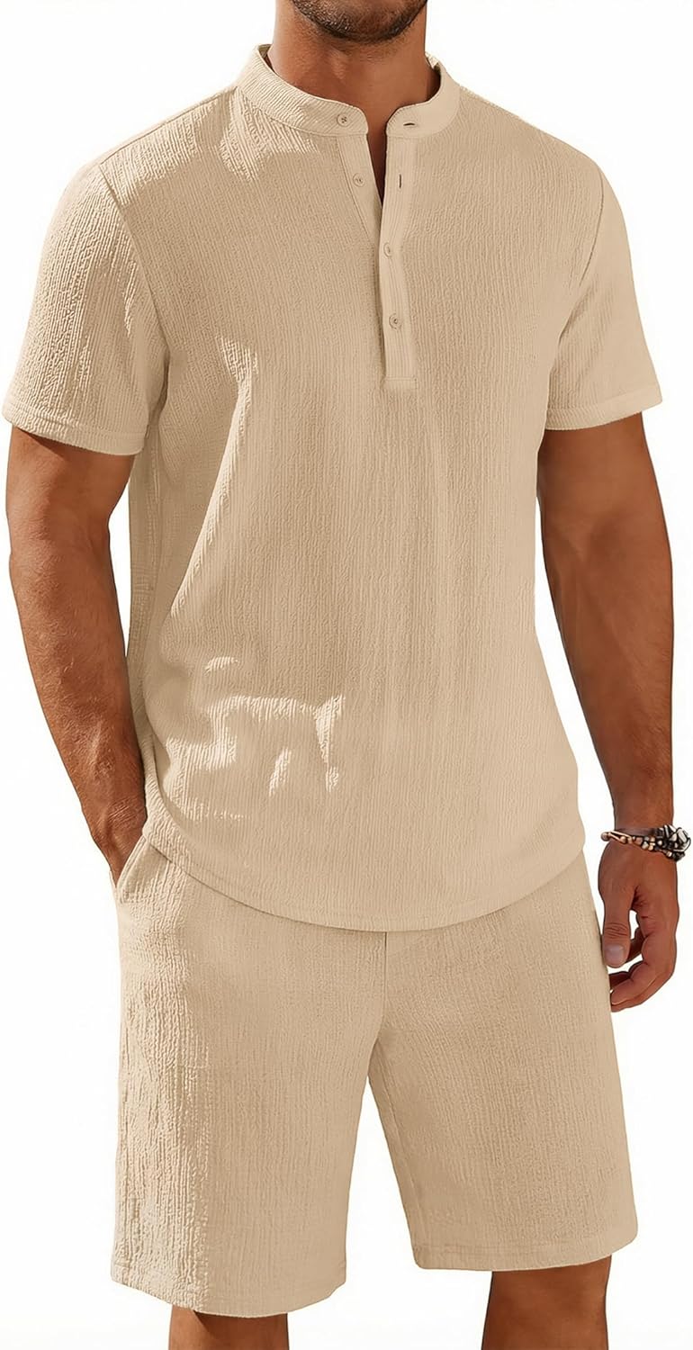 COOFANDY Men's 2 Piece Summer Beach Outfits, Textured Casual Henley Shirt and Shorts Set