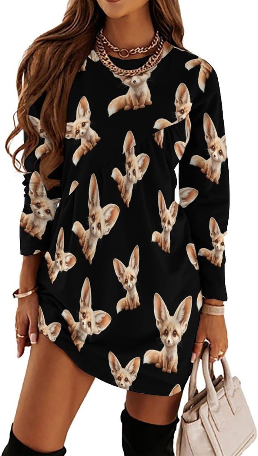 Cute Fennec Fox Women's Fleece Sleeve Sweatshirt Dress Long Pullover Casual Dresses