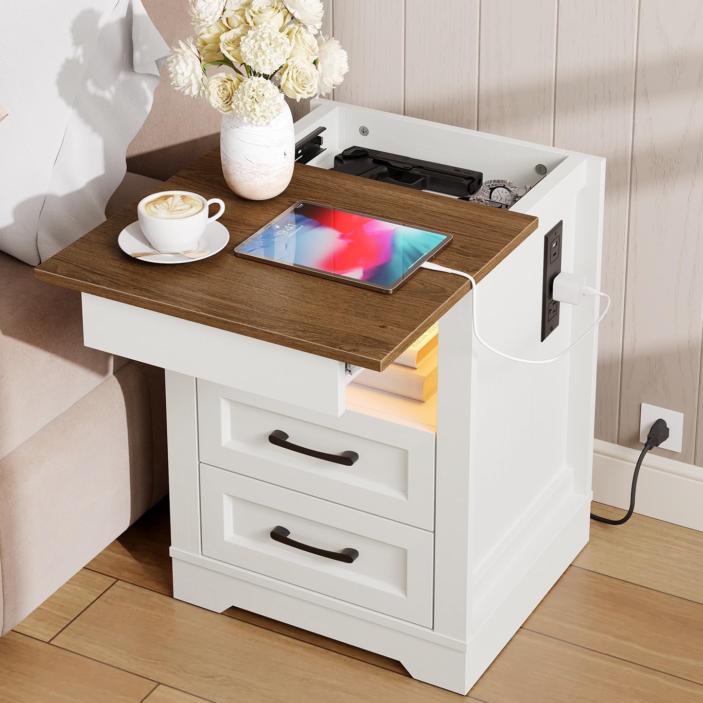 Amazon.com: RALGEND Farmhouse Nightstand with Gun Drawer, Bedside