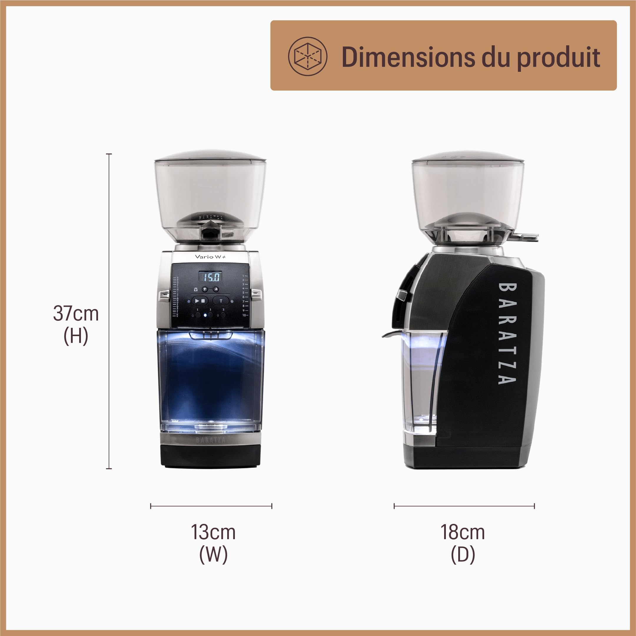 Baratza - Vario W+ 230V Coffee Grinder - Moulin à café électrique avec Fraises Plates en Acier de 54 mm - Programmable Individuellement pour Espresso, Cafetière, et Café Filtre - Noir