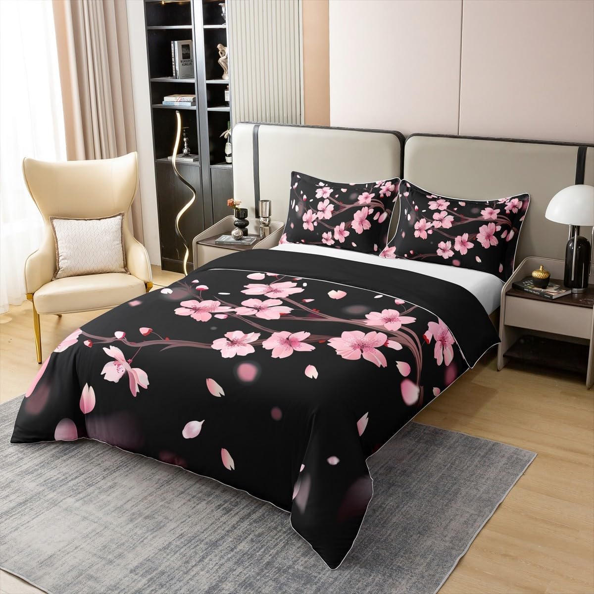 jejeloiu Cherry Blossoms Duvet Cover 100% Cotton Queen Size Japanese Style Bedding Cotton Duvet Cover Set Decor Sakura Flower Comforter Cover Set Floral Botanical Pink Black Bedspread Cover