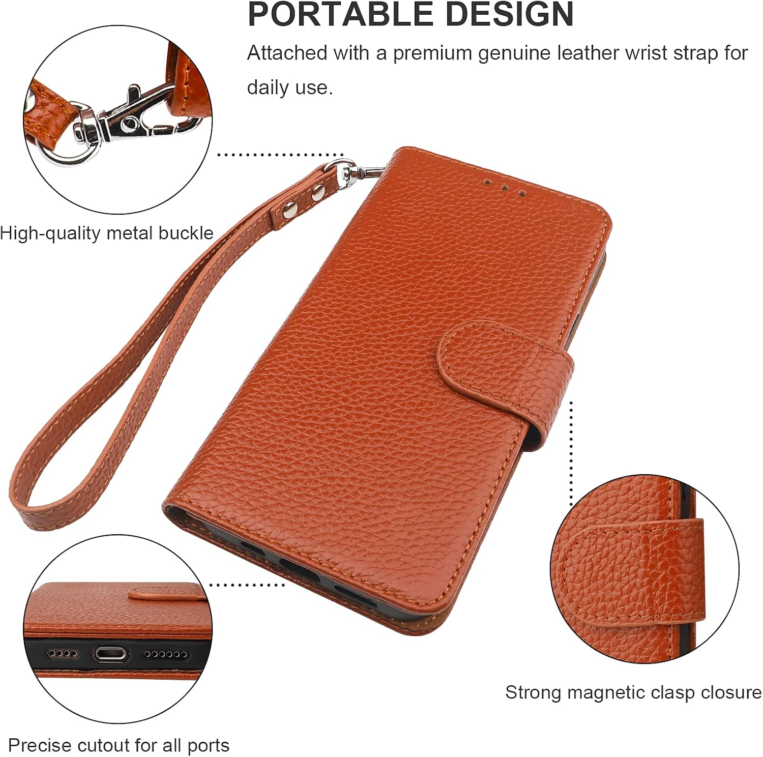 Bocasal Genuine Leather Wallet Case for iPhone 12 Pro Max Wireless Charge RFID Blocking Credit Card Holder Kickstand Folio Flip Protective Cover with Wrist Strap Magnetic Clasp 6.7 Inch (Brown)