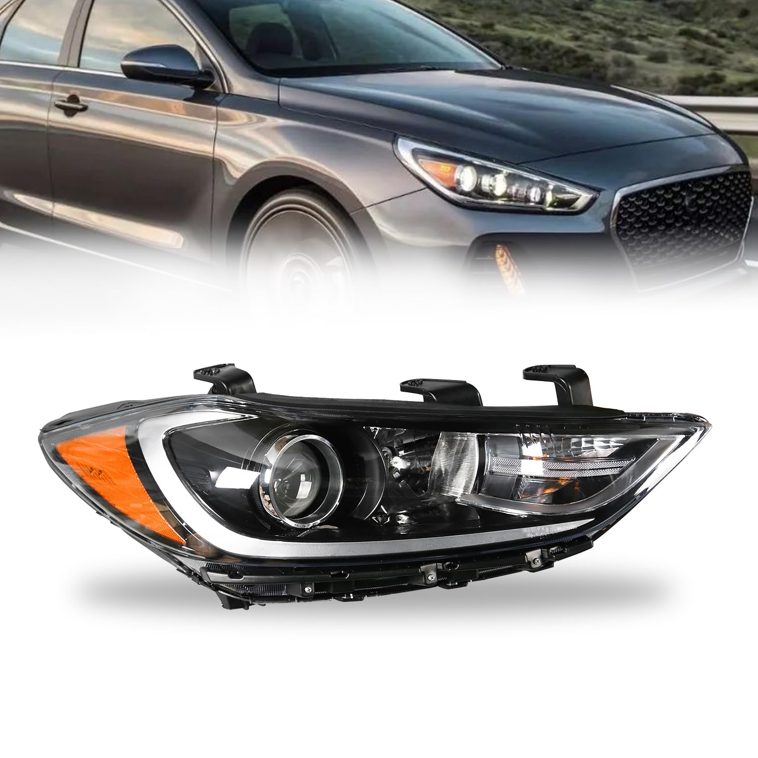 Halogen Headlight Assembly Fit for Hyundai Elantra 2017 2018 Headlamp Right Passenger Side Black Housing