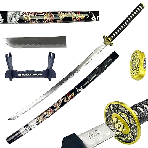 Bishamon 42 1/2" Samurai Sword Carbon Blade Dragon Scabbard Comes with a Wooden Stand