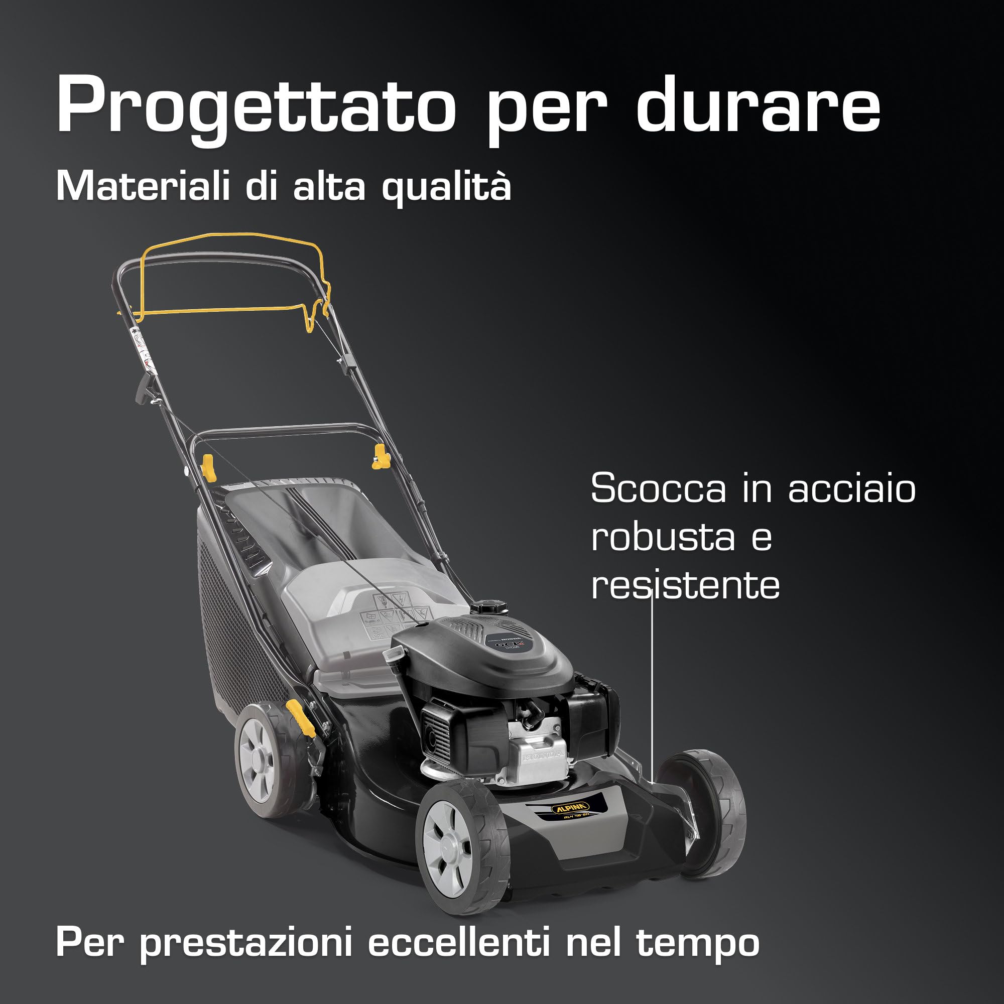 Alpina AL4 46 SH Tagliaerba Semovente, 145 cc, 46 cm – Sacco 60 l, Regolazione Centralizzata 6 Pos. – Prati fino a 1.200 m²