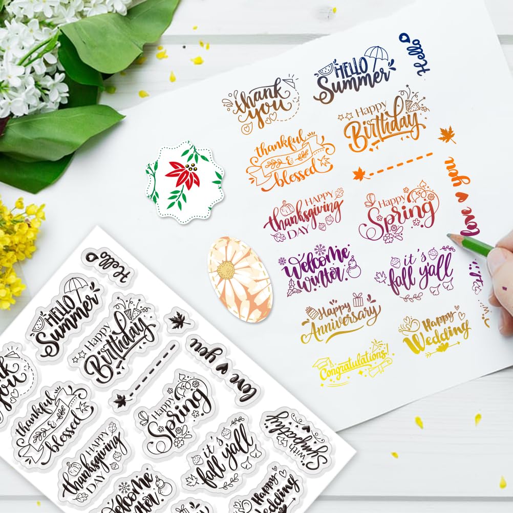 INFUNLY Set 3 Timbri E Fustelle Per Biglietti – Frasi Di Auguri, Happy Spring, Wedding, Birthday – Silicone E Acciaio Per Scrapbooking Fai Da Te - 3