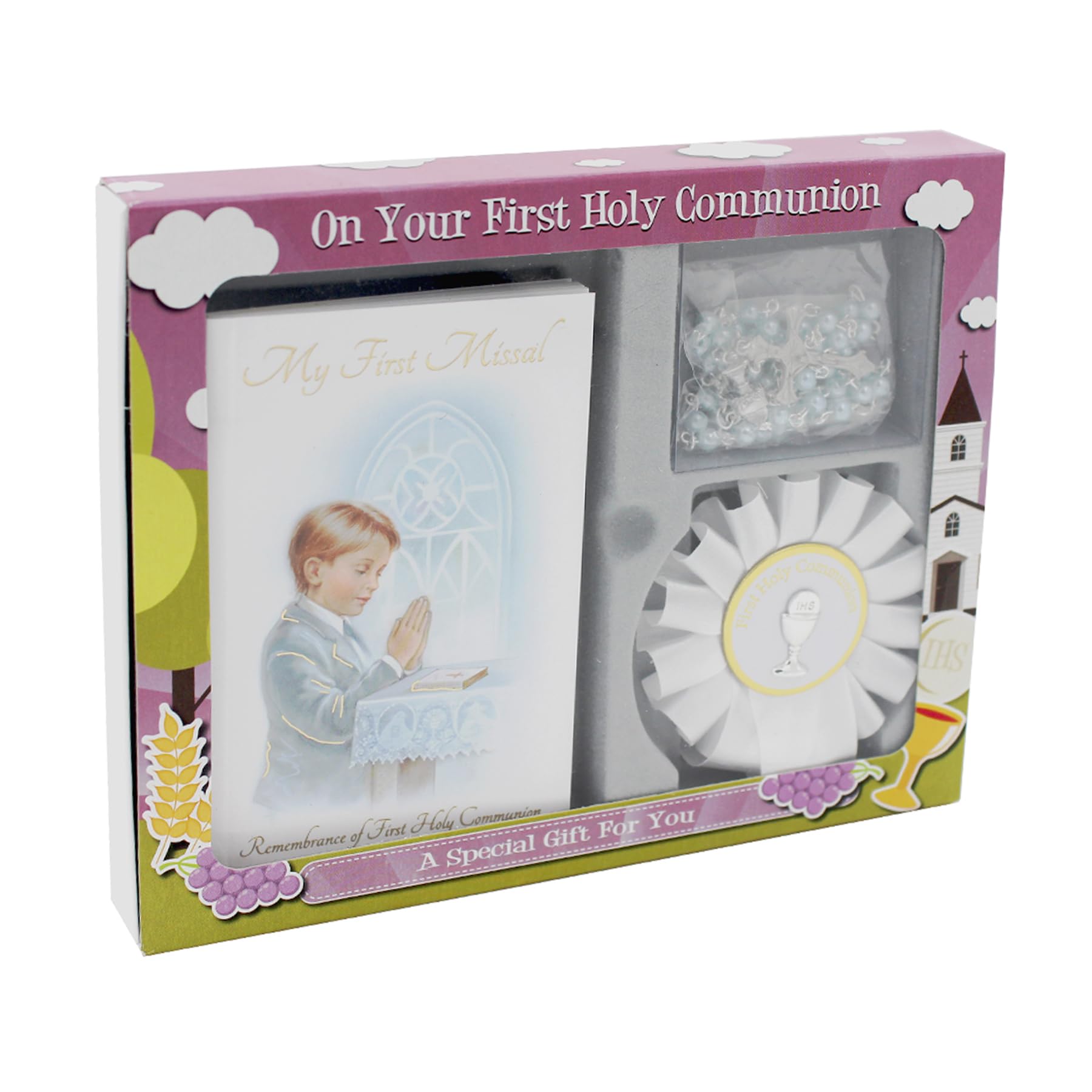 First Holy Communion 3 piece Gift Set (Boy Missal Book, Rosary and Rosette 0215)