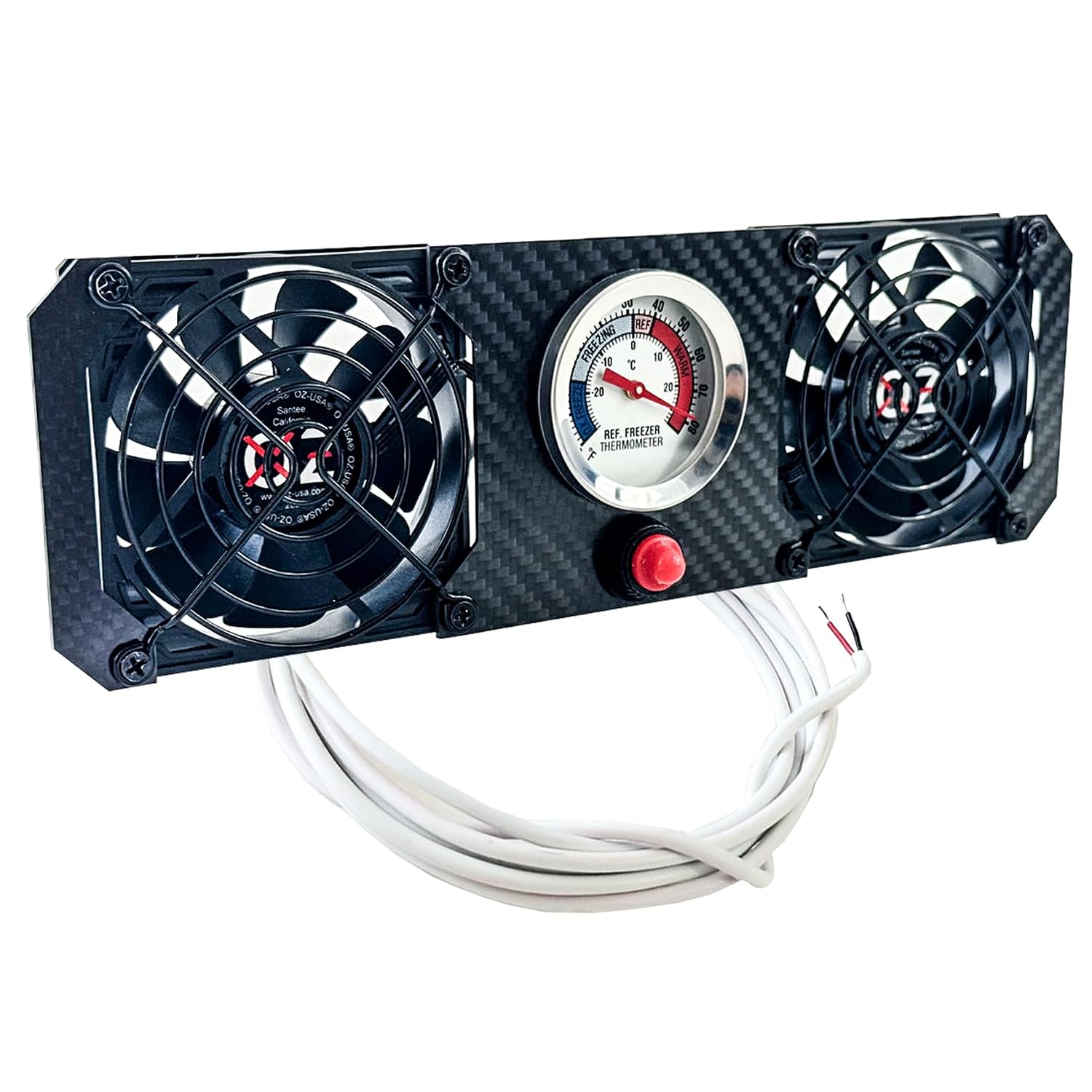 OZ-USA Dual RV Fridge Evaporator Fin Cooling Fan Thermometer Whisper Quiet 12v Carbon Fiber