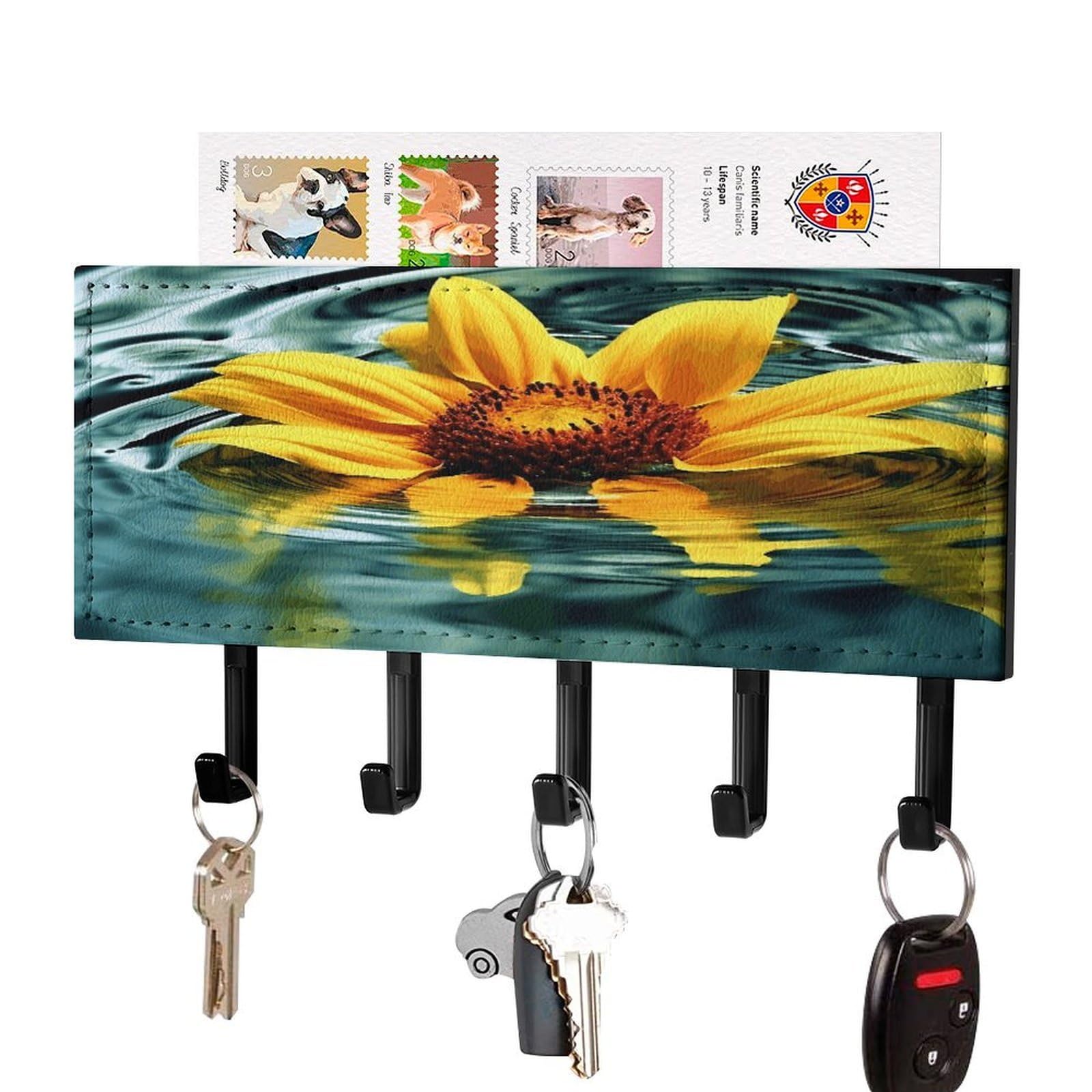 Jtrehy Black-Style Sunflower In Water Key Holder Wall Mount Decorative Key And Mail Holder Pu Leather Adhesive Key Organizer Hanging Key Hooks Wall Shelf With 5 Hooks For Entryway Hallway Office