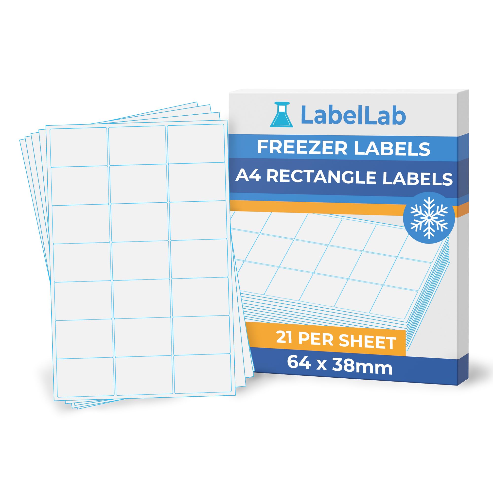 Freezer A4 Rectangle Labels – Cold Resistant Printable Sheet Labels for Inkjet & Laser Printers, Permanent Adhesive – 21 Per Sheet (64 × 38 mm), 500 Sheets – LabelLab