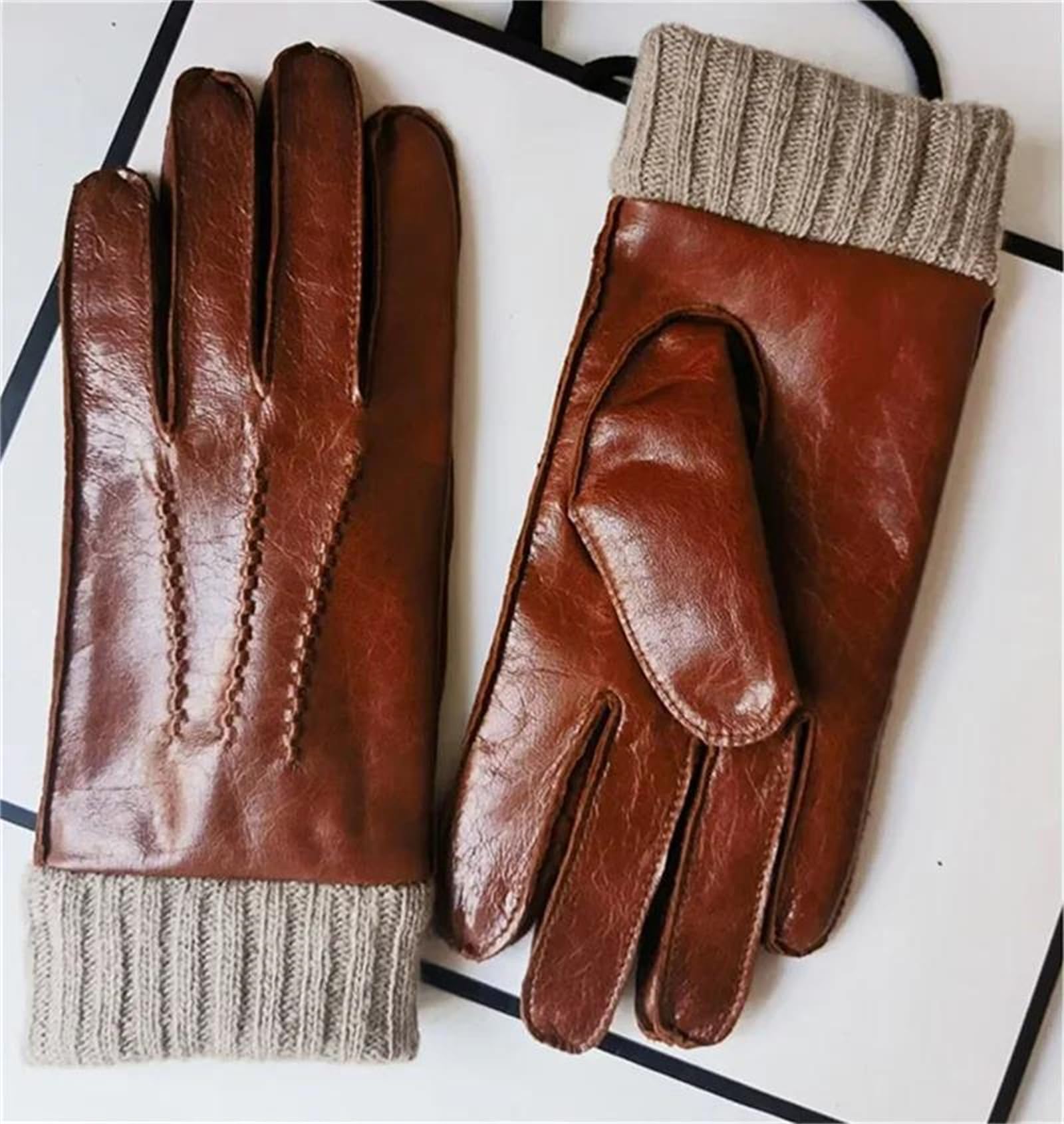 Guantes de piel de oveja auténtica para hombre, ondulados, para pantalla táctil, con forro de lana, guantes de conducción cálidos para invierno