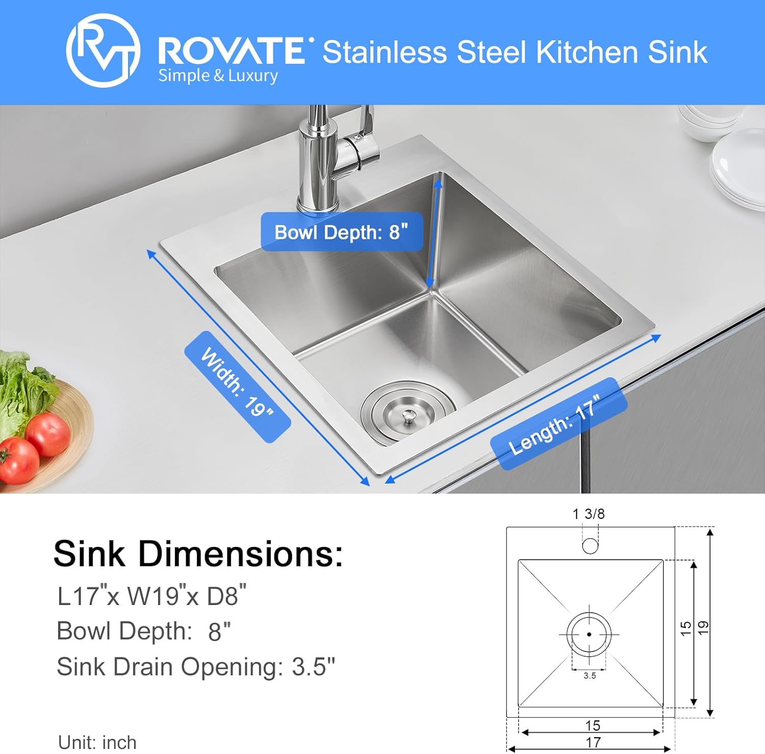 ROVATE 17 x 19 Inch Drop in Bar Sink Single Bowl, Topmount 304 Stainless Steel Small Kitchen Sink with 1 Hole, Handmade Overmount Wet Bar Prep Sinks with Basket Strainer