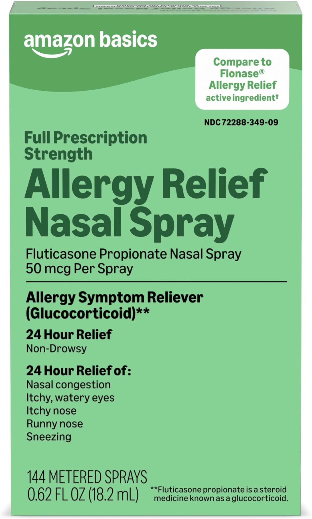 Amazon Basics 24-Hour Allergy Relief Nasal Spray, Fluticasone Propionate (Glucocorticoid), 50 mcg, Full Prescription Strength, Non-Drowsy, 0.62 fl oz (Pack of 1) (Previously Care)