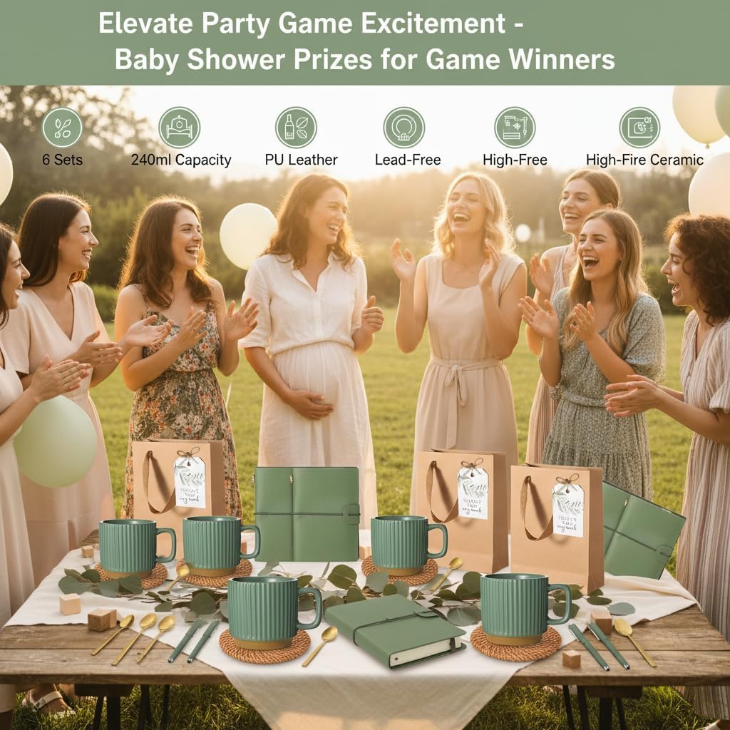 6 Sets Kraft Baby Shower Prizes for Game Winners Party Favor Gifts for Guests Ceramic Mugs Spoons Woven Coasters PU Notebooks Bookmarks Pens Kraft Bags and Tags Set Wedding Bridal Shower Favors(Green)
