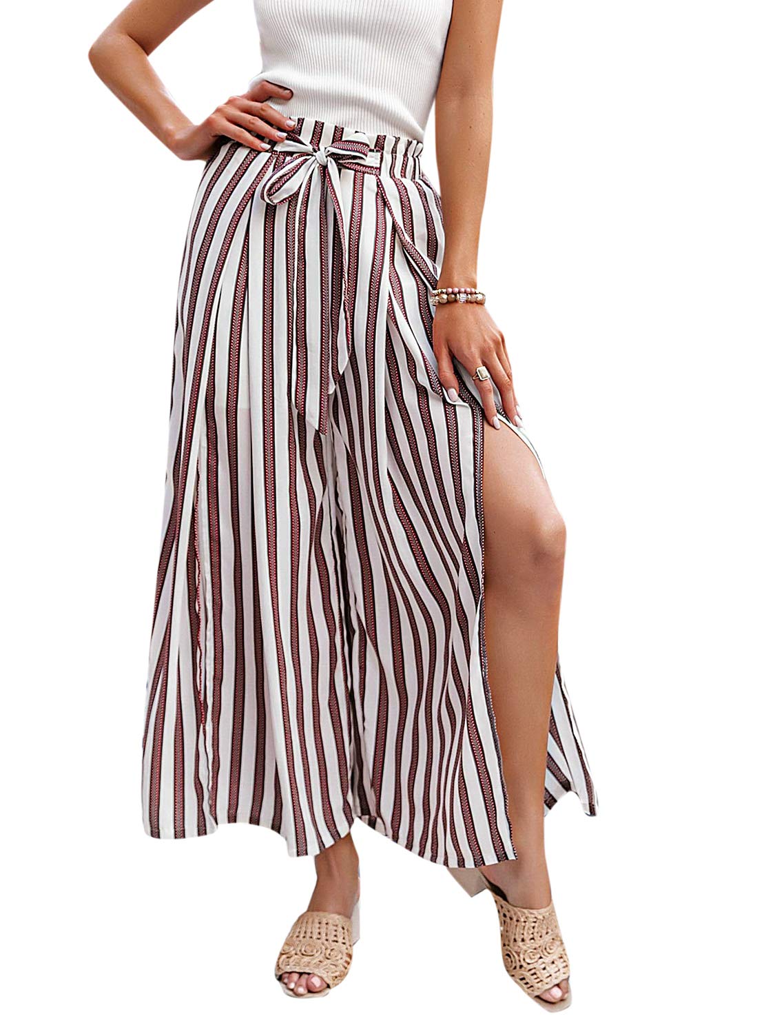 Simplee Womens Elegant Striped Split High Waisted Belted Flowy Wide Leg Pants 8 Red and White