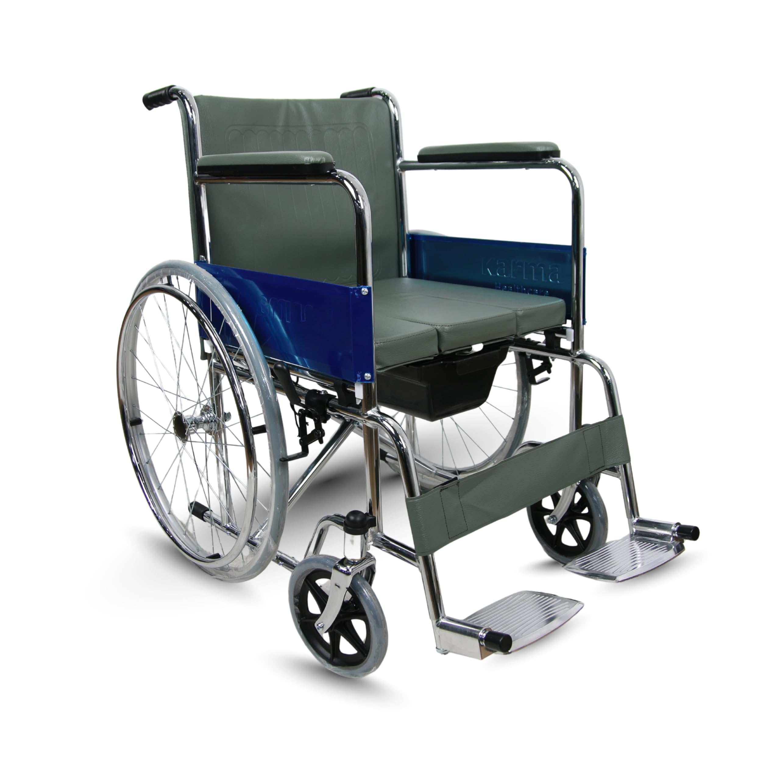 Karma Rainbow 6 NXT Commode Wheelchair for Elderly & Patient Care | Foldable Self-Propelled Manual Wheelchair with 24-inch Rear Wheels, Square Stool Bucket, Fixed Armrest & Footrest | Olive Green-image-8
