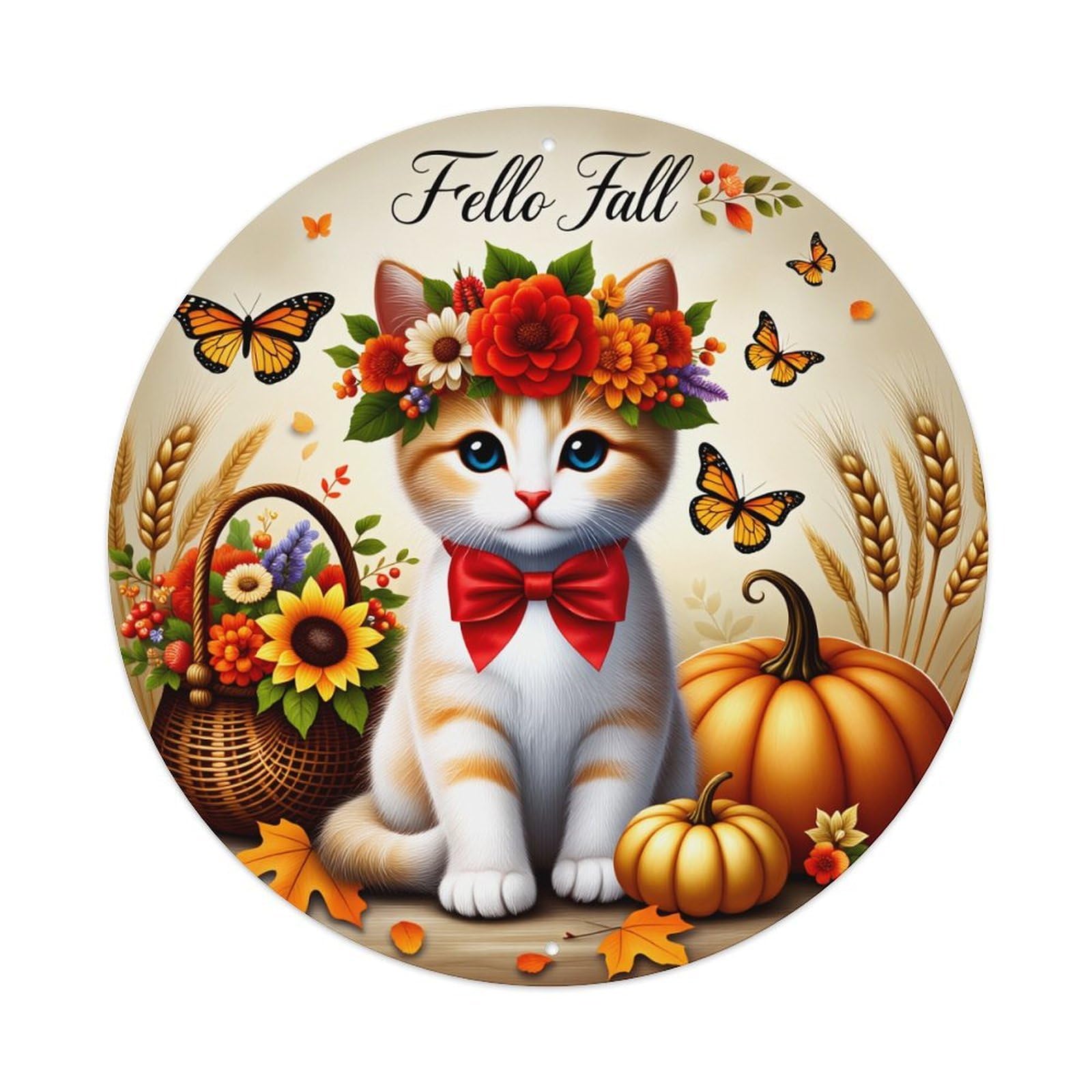 Fall Cat Pumpkin Butterflies Leaves Round Tin Sign Vintage Metal Poster Retro Bar, Home, Man Cave, Kitchen, Laundry Room Wall Art Decor Gift 8x8Inch