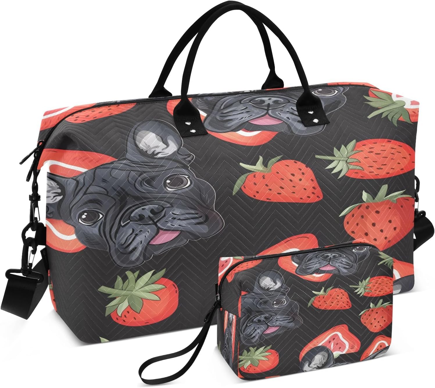 Travel Duffle Bag, French Bulldog Puppy Strawberry Gym Bag with Storage Bag Weekender Overnight Bag for Men Women Trip Sports Yoga