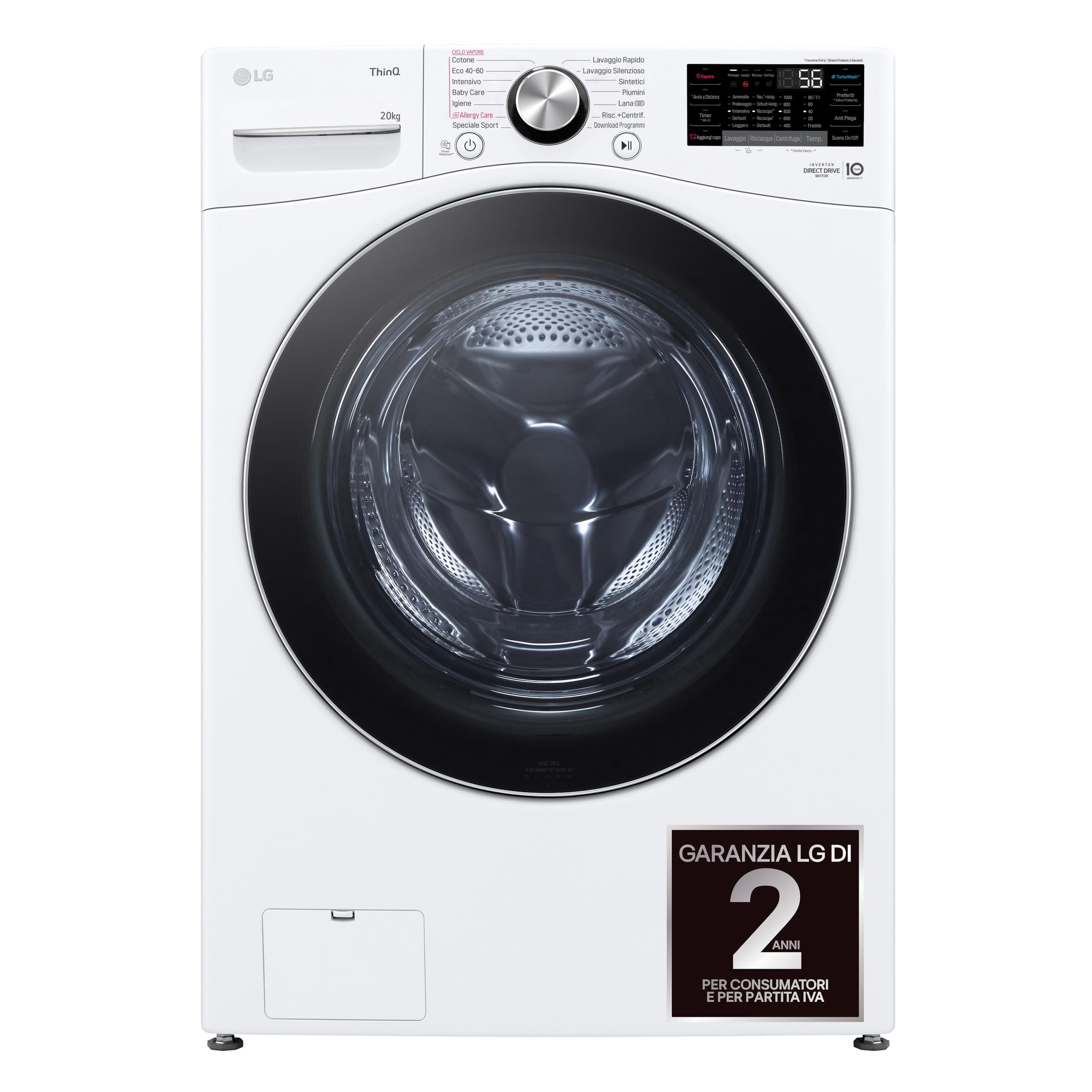LG AI DD F0P3020TSWC Lavatrice 20kg, a Carica Frontale, Capacità XL Serie P3, Classe B, 1000 Giri, TurboWash 360, Vapore, Wi-Fi, Motore Inverter Direct Drive, Libera installazione, Bianco