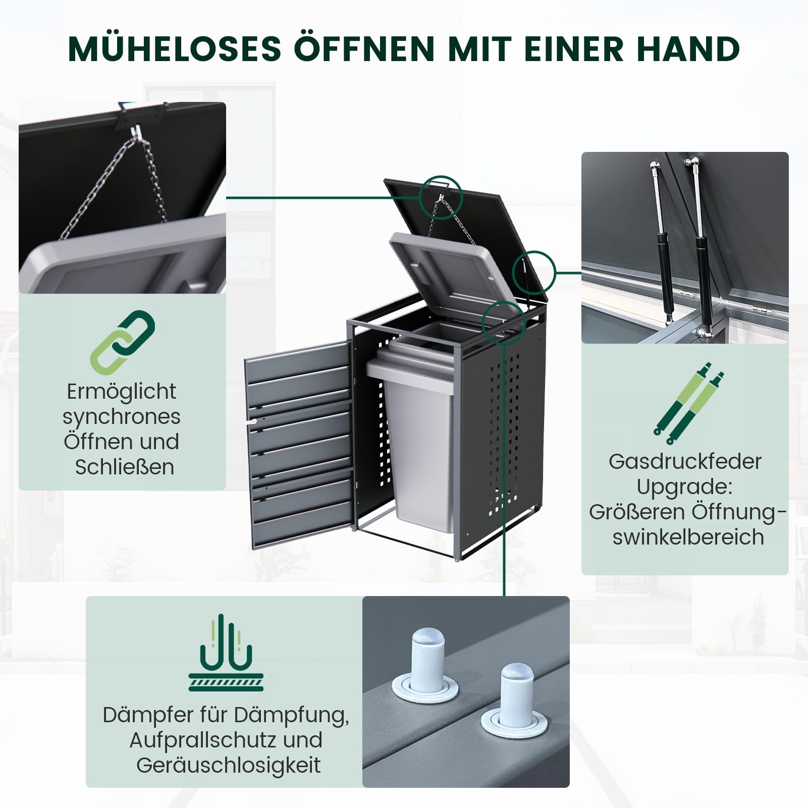 CHOSHOME Mülltonnenbox 2er 240L - Anthrazitgrau Verzinkter Stahl & Holzoptik - 2 Tonnen mit Abschließbar - inkl. Erweiterungsmöglichkeit - Mülltonnenverkleidung, Aufbewahrungsbox für Mülltonnen