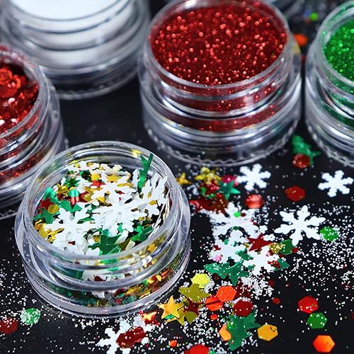 Miniatura 5 de Dijes de uñas de Navidad con purpurina en polvo rojo y verde para uñas, lentejuelas, holográfico, blanco, diamante, hielo, aurora, azúcar, arena,
