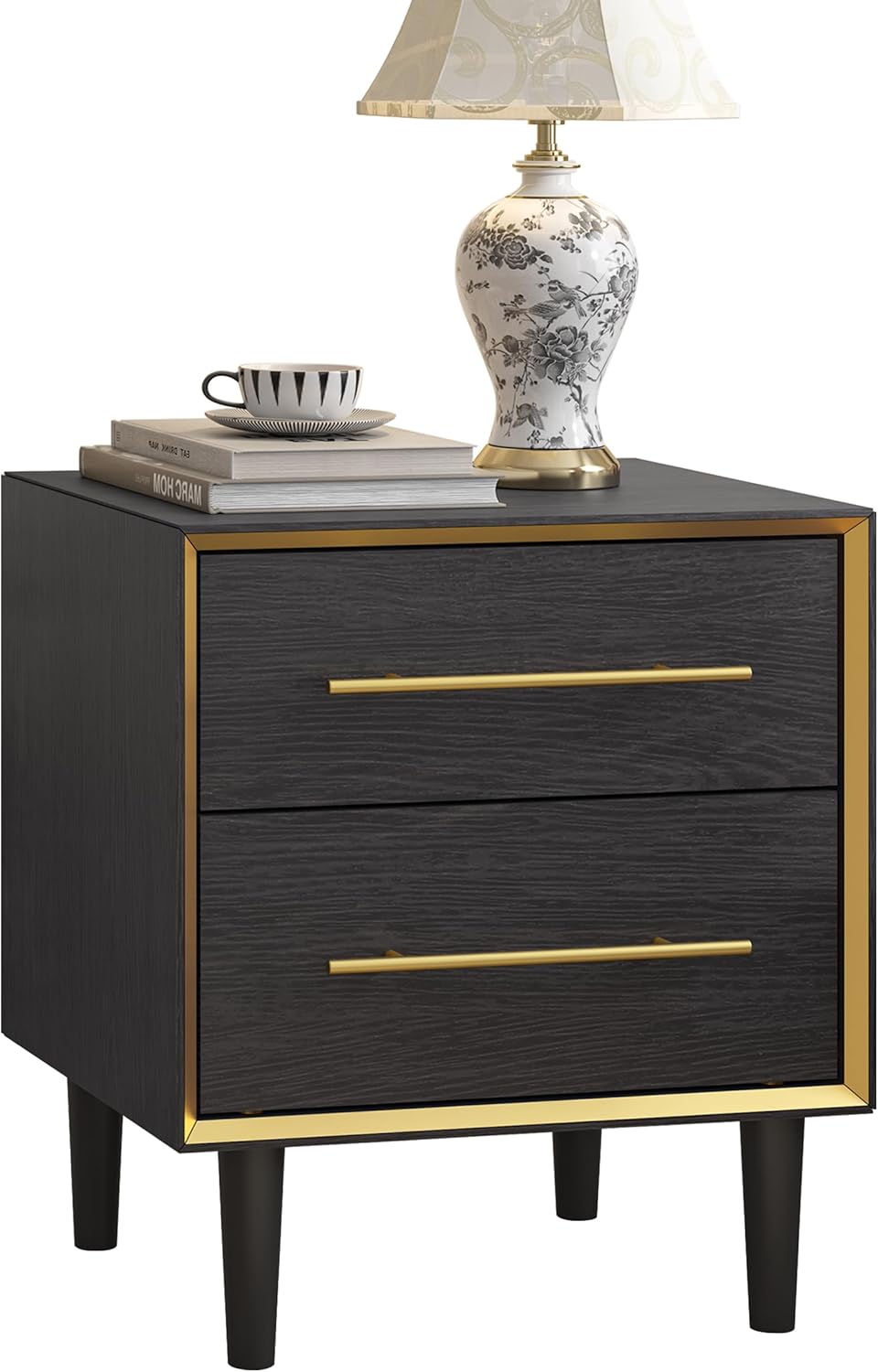 Modern 2-Drawer Nightstand | Black, Gold Handles, Solid Wood Legs Rustic Golden Edge Concave Design, Small Side Table for Bedroom/Living Room Storage