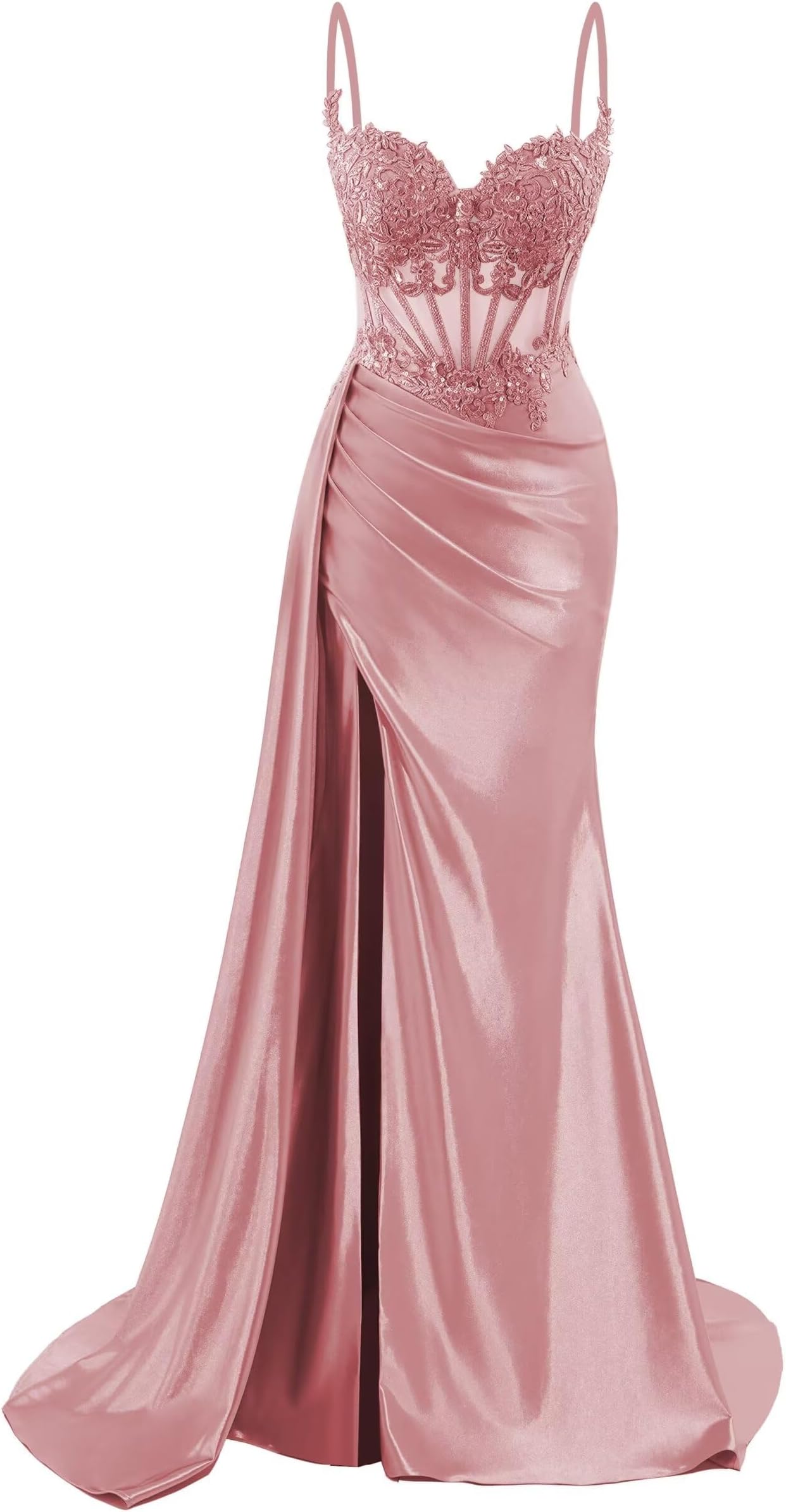 Women's Spaghetti Strap Satin Prom Dresses with Slit Lace Applique Mermaid Formal Party Gown