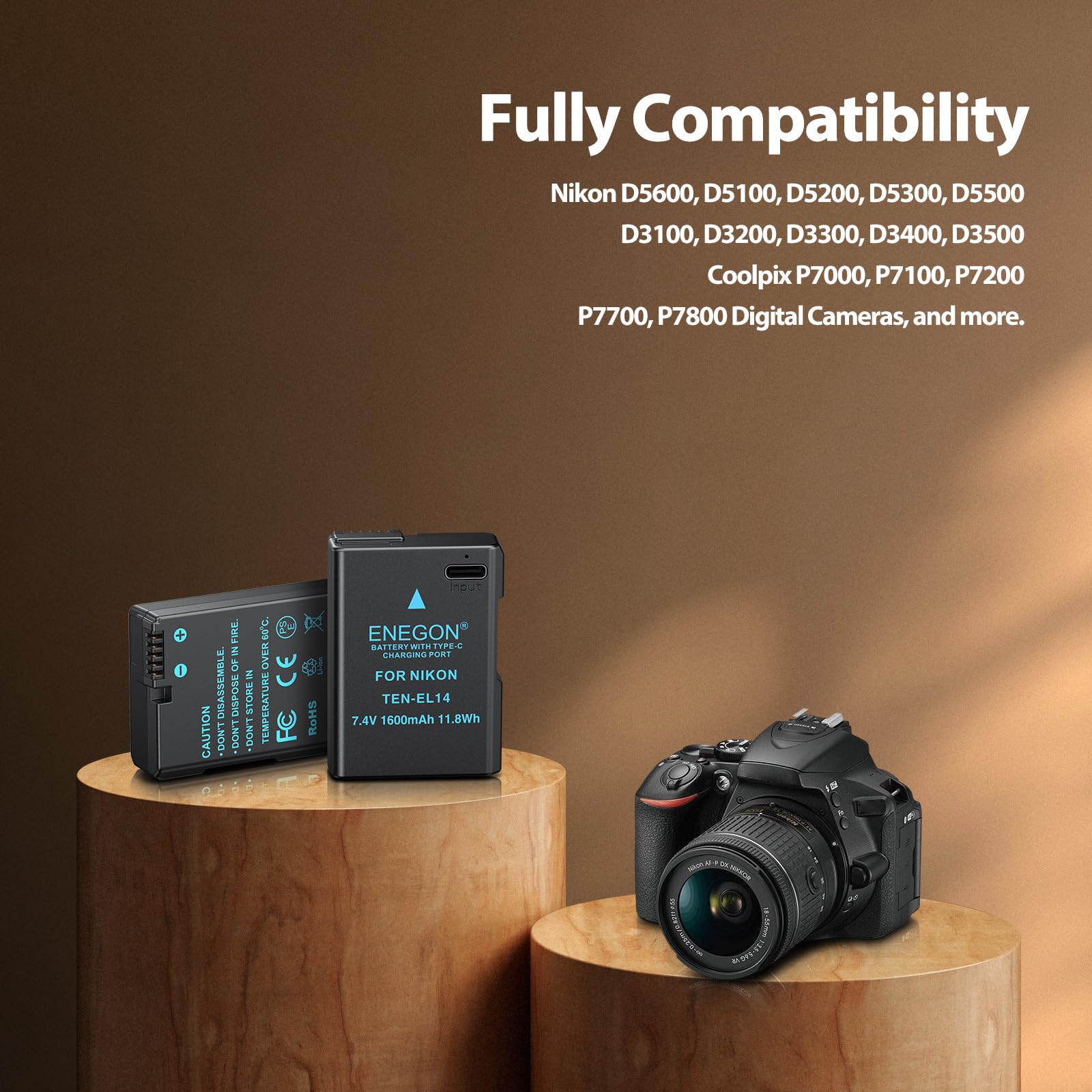 ENEGON EN-EL14 USB-C - Batería de Repuesto (1600 mAh, 2 Unidades) para Nikon EN-EL14/EN-EL14a, Compatible con Nikon D5300, D5600, D5100, D5200, D3100, D3200, D3300, D3400, D3500