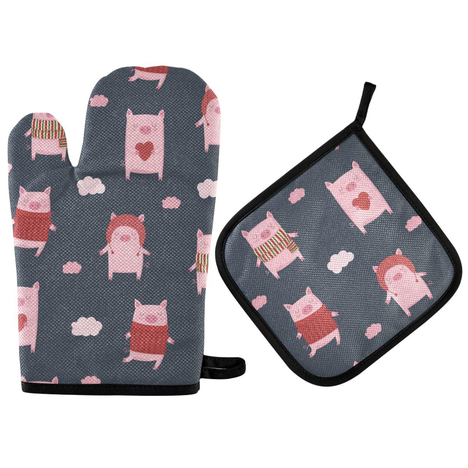 ZZXXB Pig and Clouds Oven Mitts and Pot Holders Set of 2 Heat Resistant Non-Slip Kitchen Gloves for Cooking Baking Barbecue Grilling