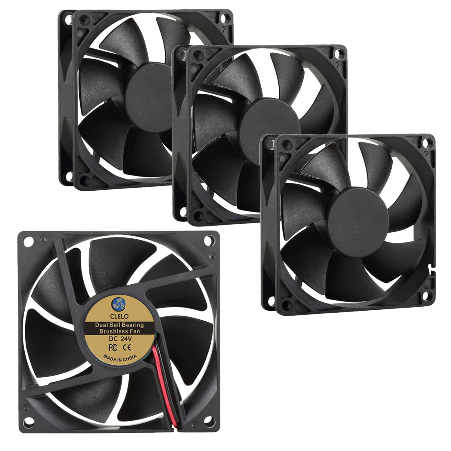 CLELO 4 Pack 80mm Fan 24V Power Supply GPU CPU Mini Cooling Fans Brushless Dual Ball Bearing Low Noise, 80mmx80mmx25mm 2PIN