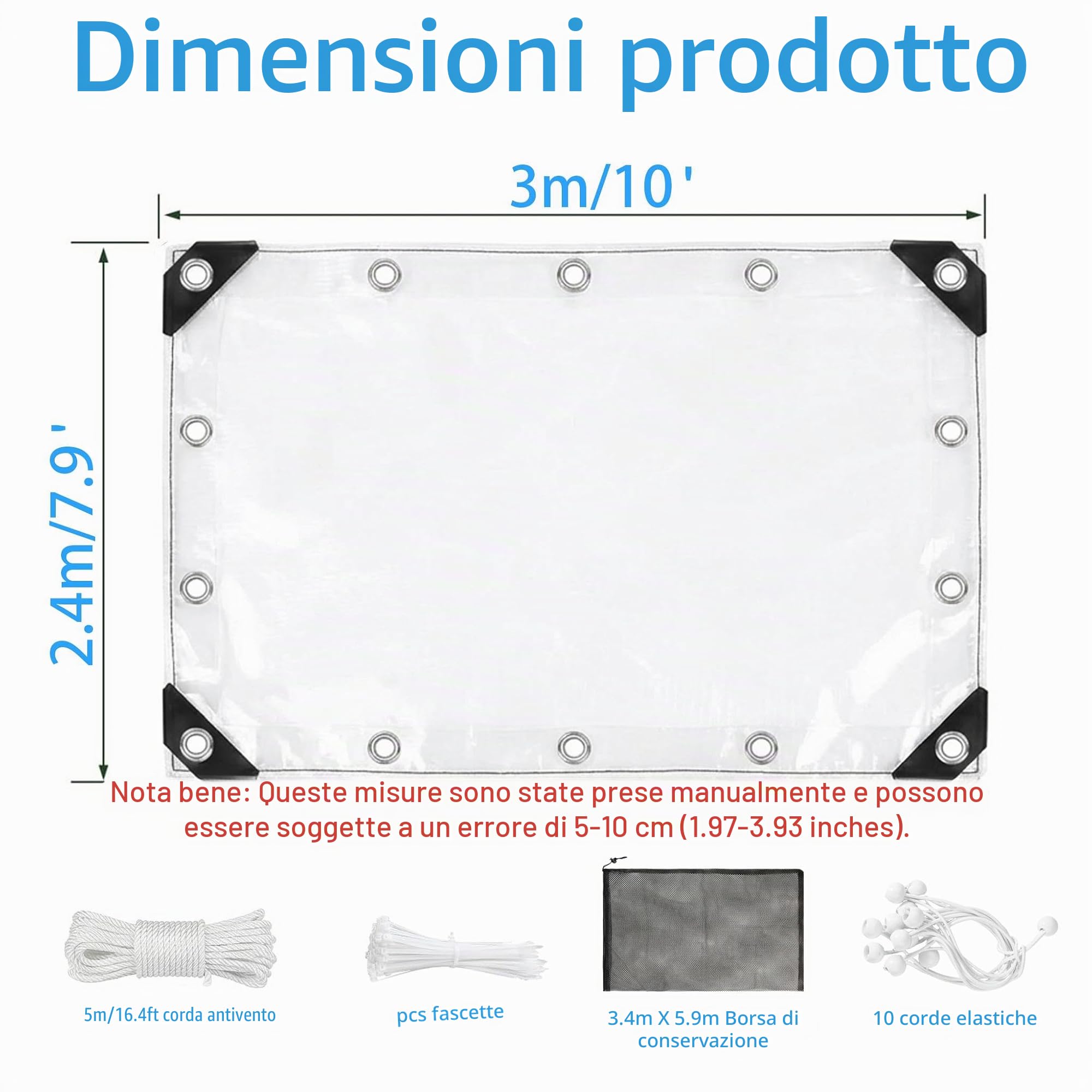 Telone Trasparente Impermeabile 2.4x3 m – PVC 240GSM Resistente UV & Strappo, Occhielli Rinforzati, con Corda, Fascette e Sacchetto – Giardino, Pergola, Pollaio, Campeggio