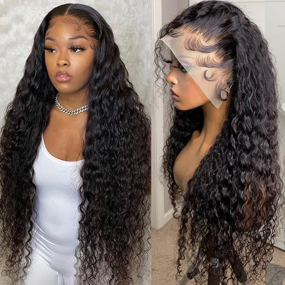 Wingirl 180 Density 13x4 HD Lace Front Wigs Human Hair Pre Plucked with Baby Hair Transparent Glueless Brazilian Deep Wave Frontal Wigs for Women Natural Black Color