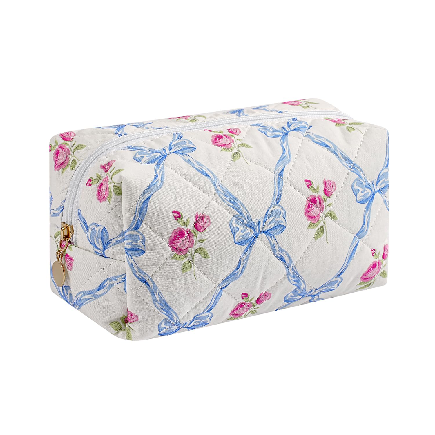 Gleyemor Small Quilted Makeup Bag for Women, Cute Floral Bow Cosmetic Bag, Emergency Bag Travel Toiletry Cotton Pouch Gifts for Girls Her Mom Friend