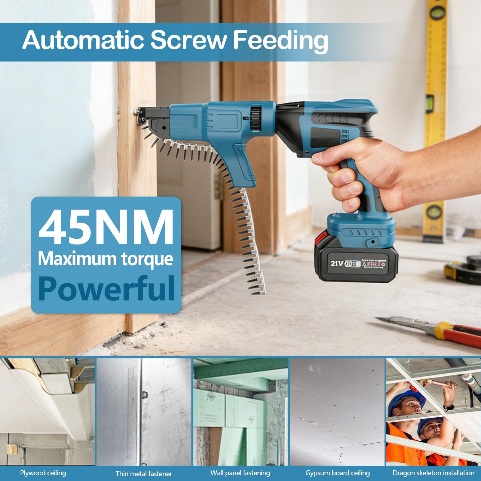 Avvitatore a Batteria per Cartongesso, Trapano Avvitatore con Alimentazione Automatica con 2 Batterie e Caricabatterie, Motore Senza Spazzole, Luce da Lavoro a LED, Adatto per Viti PH 15-35mm