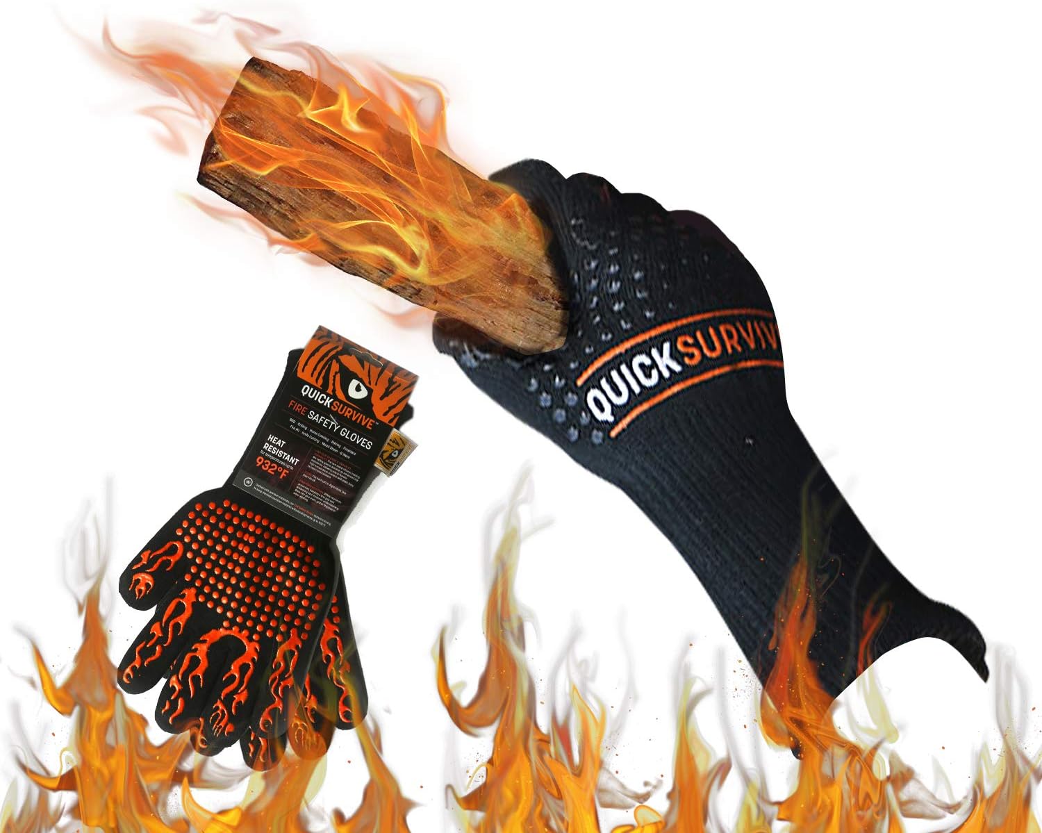 QUICKSURVIVE - Extreme Heat Resistant Glove up to 932F for BBQ, Grilling, Baking Fire Pit and Fire Place (Pair 2 Gloves)