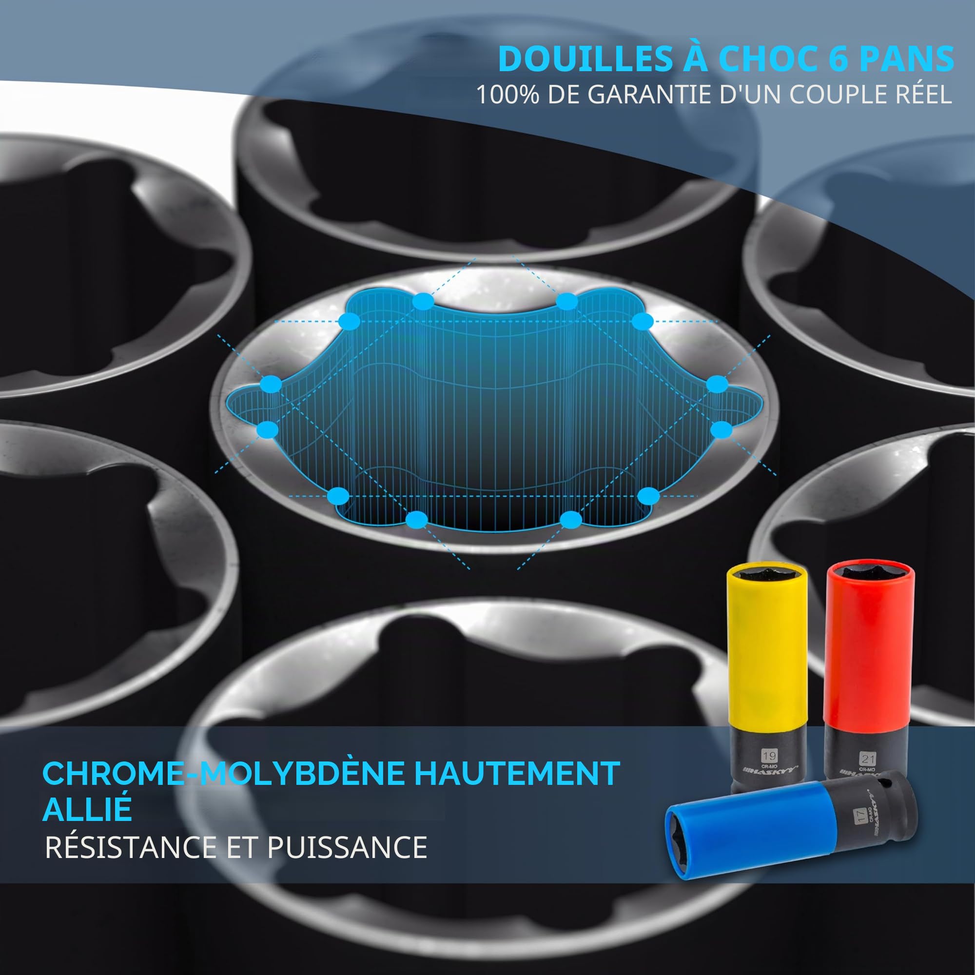 HASKYY Clé Dynamométrique 1/2" 28-210NM 3 CR-MO douilles à choc 17-21mm 3 CR-V douilles 17-21mm Extension 125mm