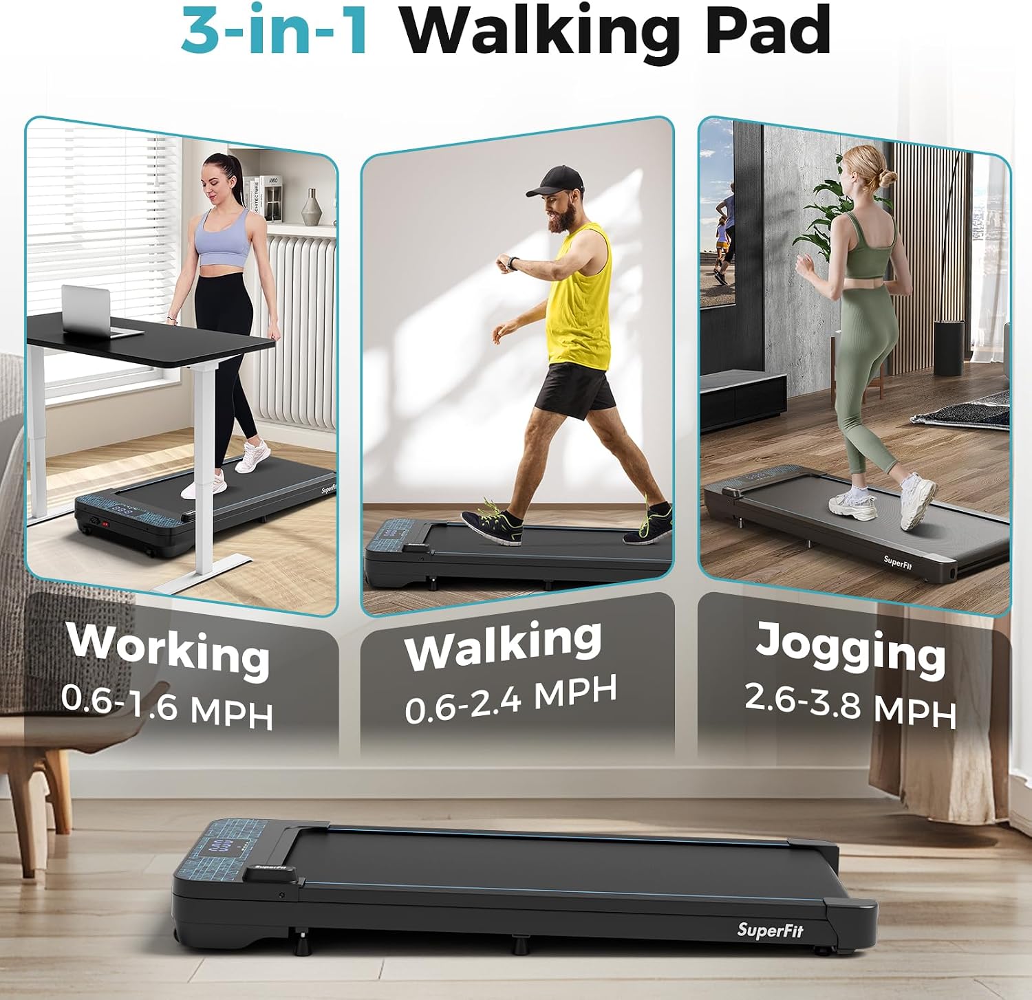 GYMAX Walking Pad, 3 in 1 Free-Assembly Under Desk Treadmill with 300lbs Capacity & LED Display, 2.25HP Portable Compact Treadmill Running Machine for Small Space Home Office