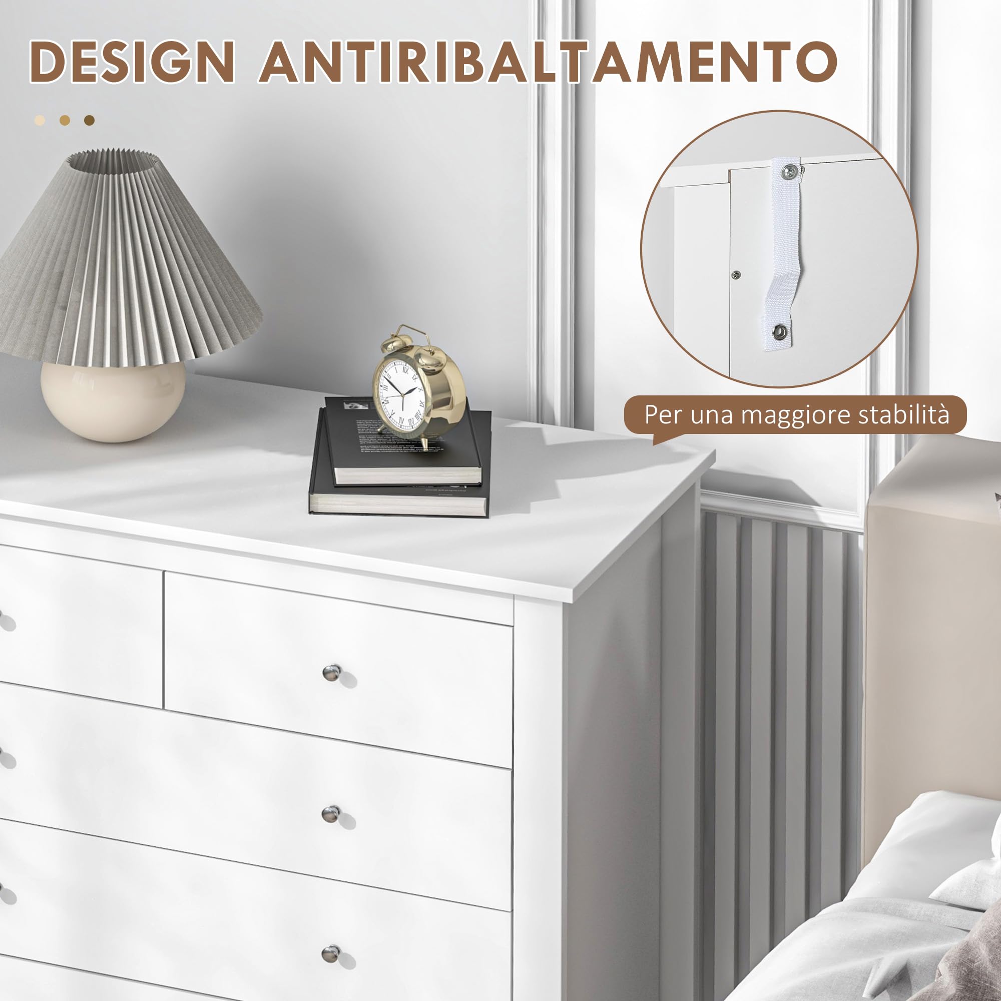 HOMCOM Cassettiera Cassettiera da Camera in Legno 79x39.5x80.5 cm Bianco | Con 2 Cassetti Piccoli e 3 Cassetti Grandi