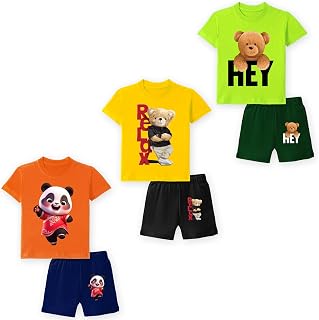 TS LAVI TAVI Baby Boys And Girls' Summer T-Shirt and Shorts Set Printed, Pack Of 3 Styles, Multicolour Price In India