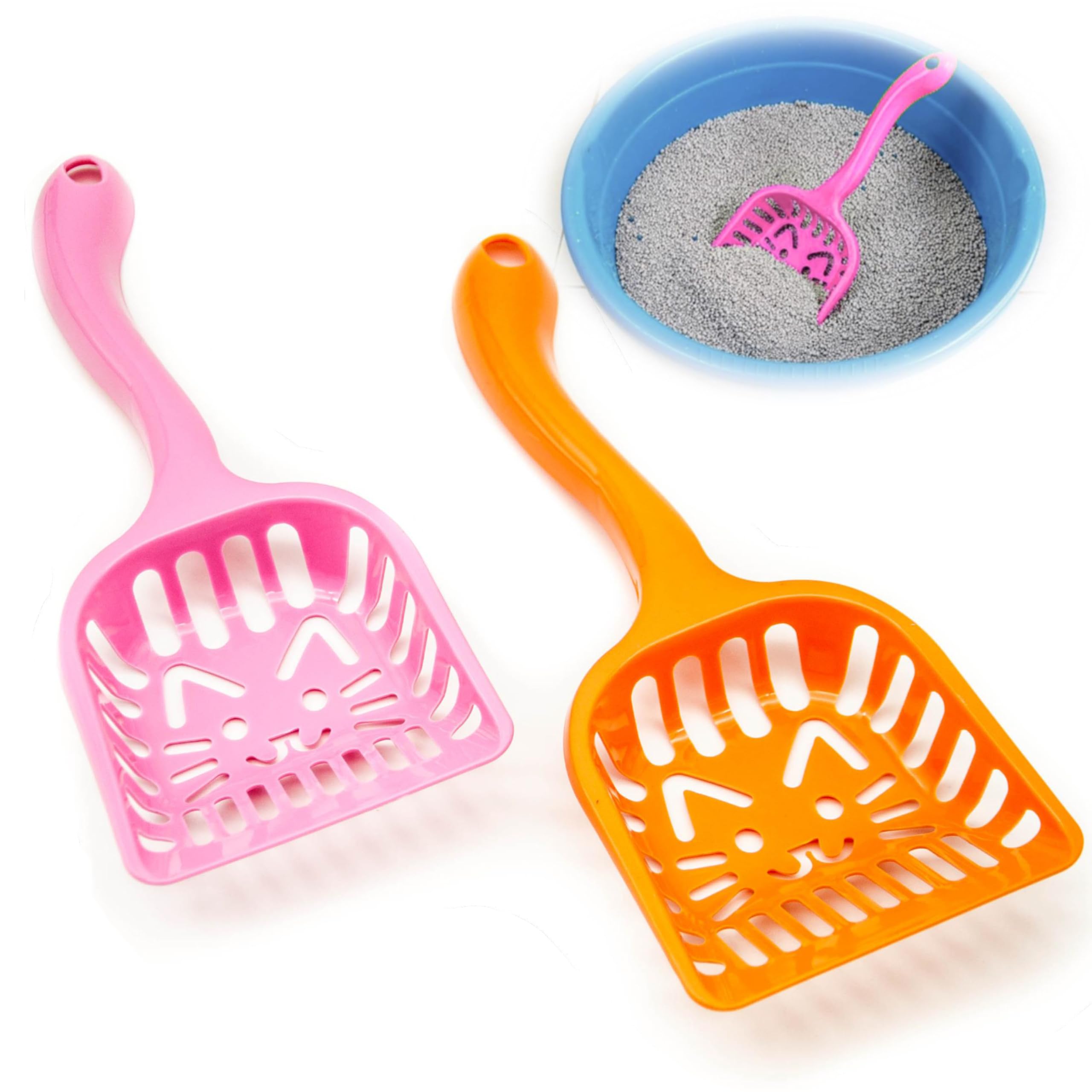 Petopedia 2 x Durable Cat Litter Scoop, Plastic Cat Litter Shovel Cat Poop Scoop Cat Litter Tray Scoop Handy Sand Sifter Poop Sieve Cleaning Tool Shovel Kitten Scoop Cat Scoop Set (Pink/Orange)