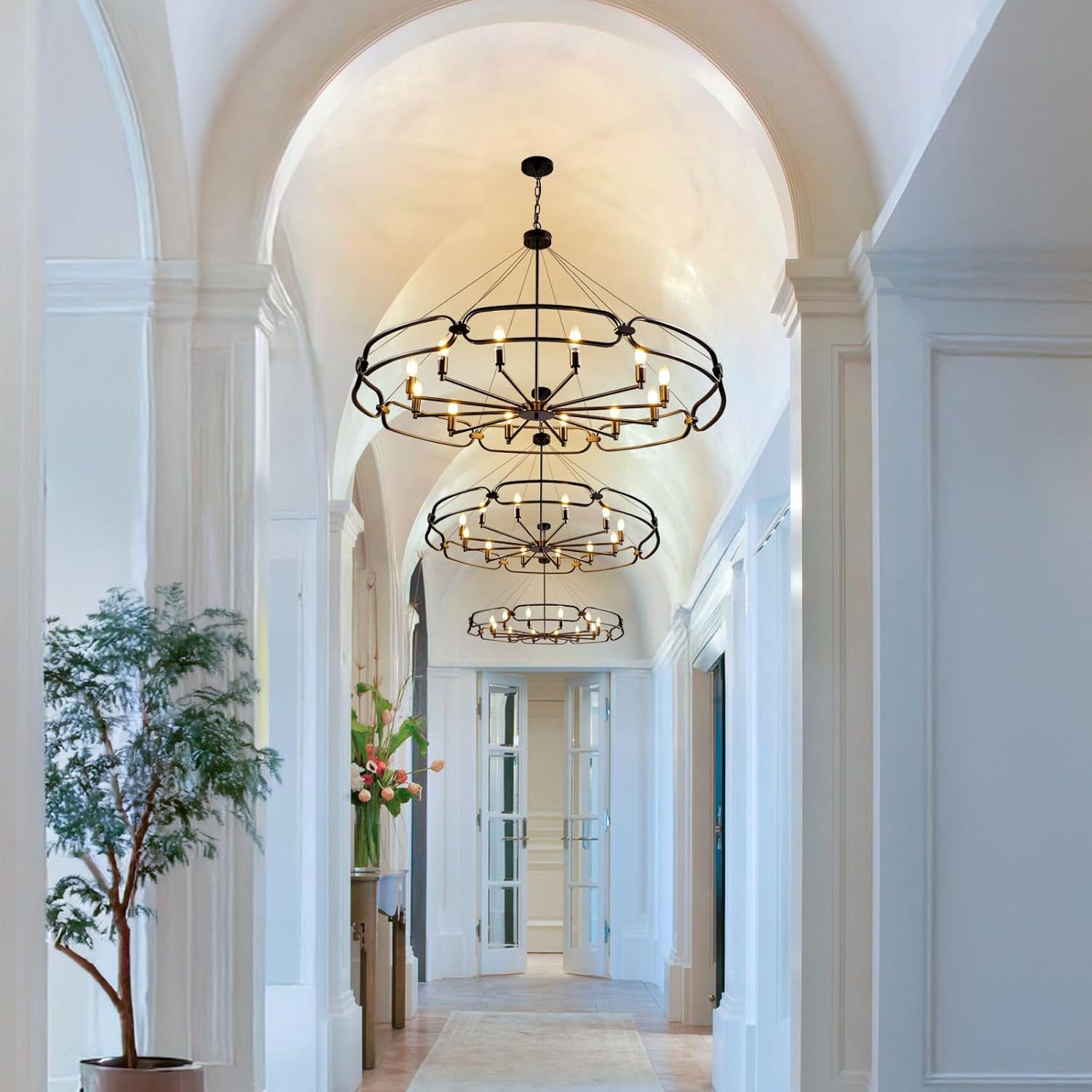 52.8" Industrial Style Black Chandelier, 8-Light Modern Chandeliers for Dining Room, Round kitchen Island Light Fixtures, Farmhouse Foyer Lighting Fixtures, for Living Room, Bedroom, Foyer, Entryway