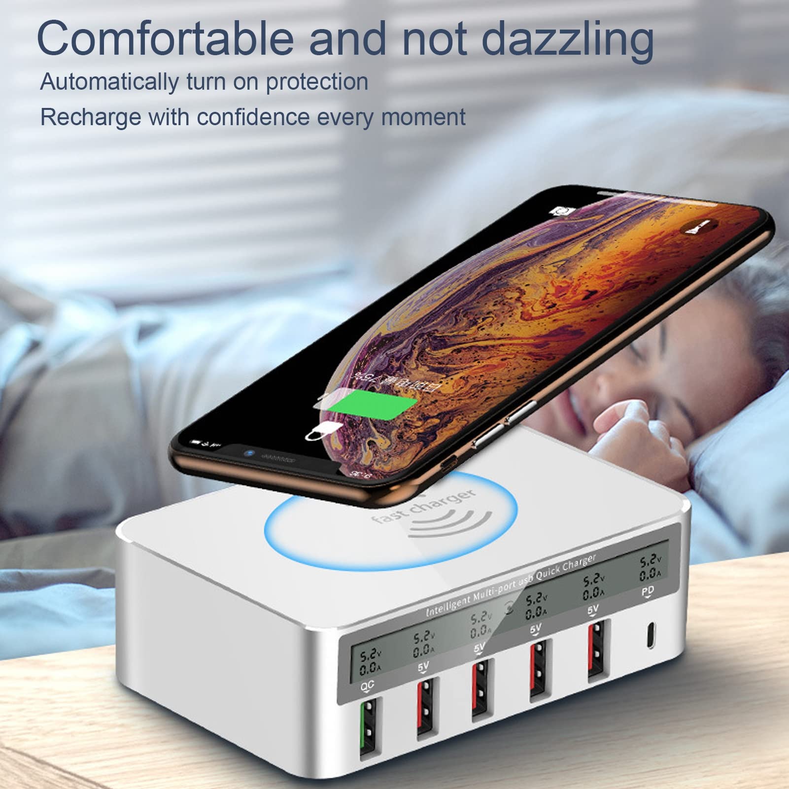 Septpenta Station de Charge Rapide 6 Ports 10 W, avec Écran LCD, Plusieurs Protections de Sécurité, Charge Plusieurs Appareils Simultanément, Chargeur Rapide sans Fil USB Portable(UE)