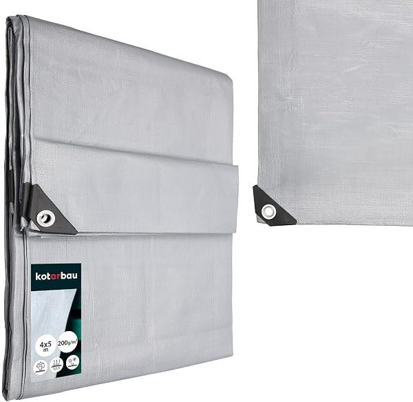 KOTARBAU® Plandeka Ochronna Uniwersalna Wodoodporna 160 g/m², 4 x 5 m | Płachta Okryciowa, Gruba, Mocna, Srebrna